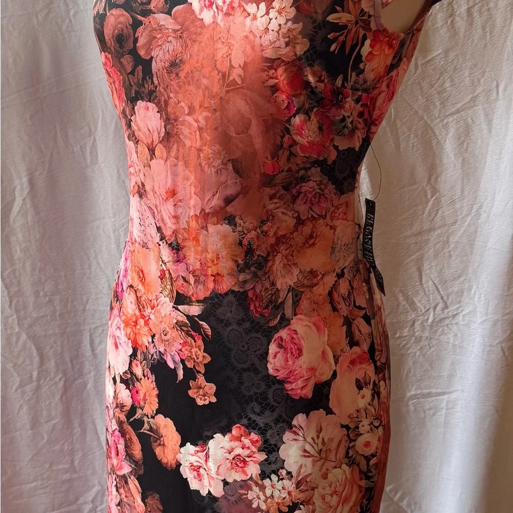 Pink Orange Sheath Midi Dress Cap Sleeves Floral Print Cocktail NWT M Sexy Chic